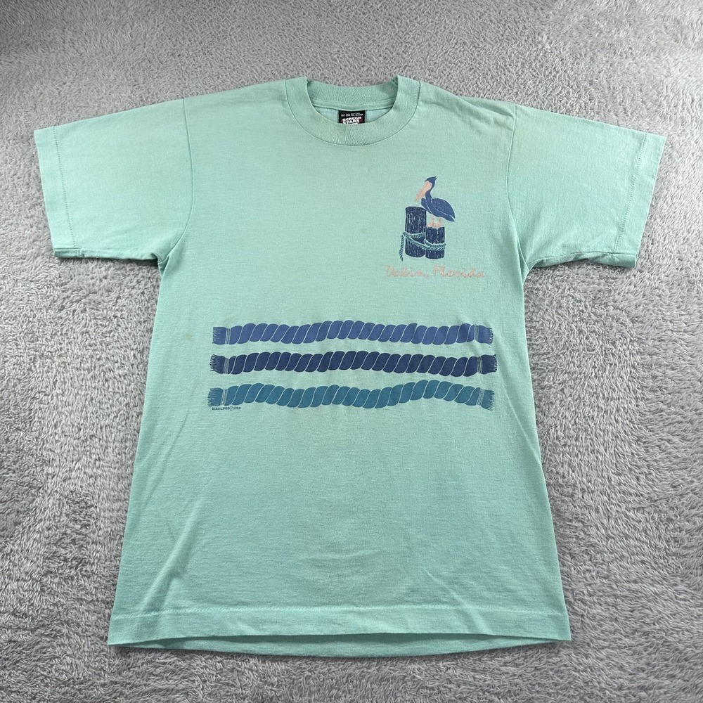 Vintage 80s Destination Nature Shirt Medium Blue Destin‎ FL Pelican Beach Bird